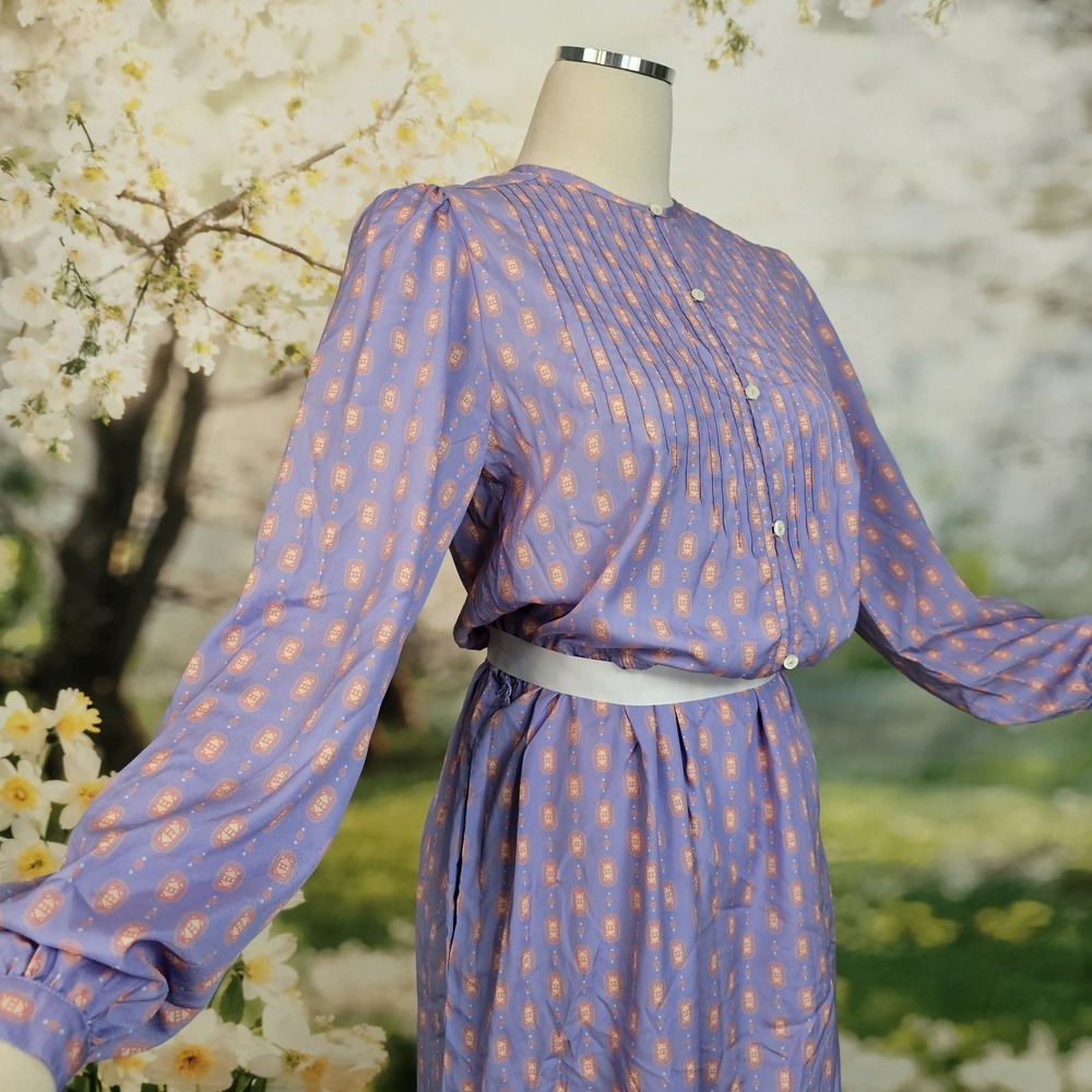 Vintage 1980's Dress Lilac Purple Print Long Sleeve Silky Retro Button Front‎ - Picture 4 of 12
